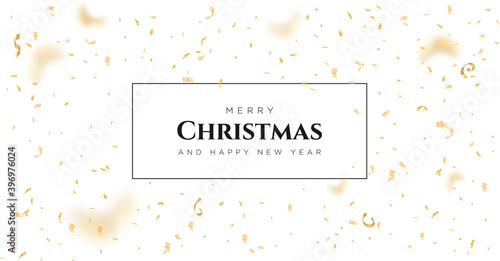Merry Christmas and Happy New Year vector banner with golden confetti.