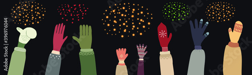 Festive celebration with fireworks at night, vector background. People's hands in mittens and gloves in winter. A collection of individual elements.