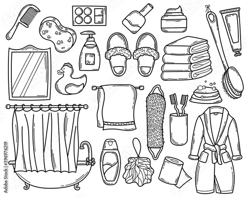 vector set of doodle hand drawn elements for bathroom and hygiene. collection of line and outline cosmetics and equipment for shower and washing in sketch style. isolated on white background.