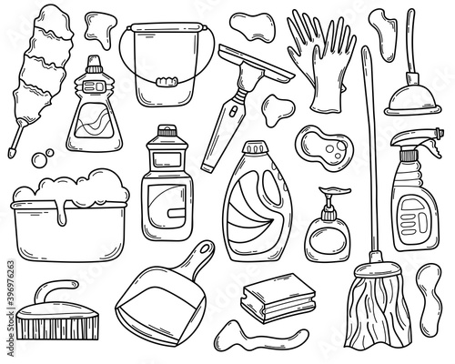 vector set of doodle elements, icons for cleaning,washing in home.hand drawn tools, equipment,detergents in sketch style.line and outline products for household and work.isolated on white background.