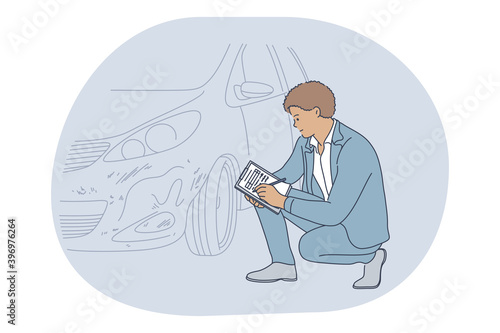 Professions, job, career in insurance company concept. Young man professional insurance appraiser in suit sitting writing information about car accident. Job specialist, working sphere illustration