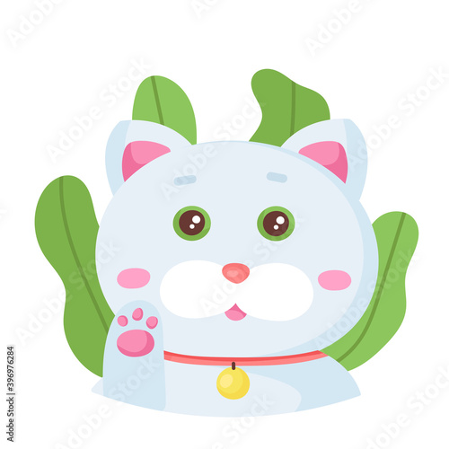 kawaii cute cat.kid s vector illustration with adorable animal with paw for gift card and design. trending baby art in cartoon style.cheerful lovely kitty and green leaves.isolated on white background