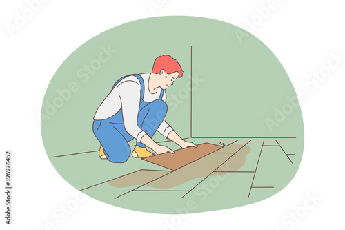 Manual worker, professions for man, job concept. Young smiling man professional worker cartoon character in uniform making new flooring for customers apartment indoors. Job, specialist, working sphere