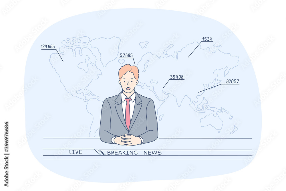 Men working in media, professions, occupation concept. Young man journalist reporter cartoon character sitting recording breaking news on television in studio. Job specialist, working sphere Men working in media, professions, occupation concept. Young man journalist reporter cartoon character sitting recording breaking news on television in studio. Job specialist, working sphere