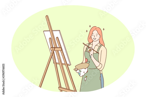 Artwork, creative professions, occupation concept. Young smiling woman professional painter artist drawing and making artwork for sale in studio. Job specialist, working sphere illustration