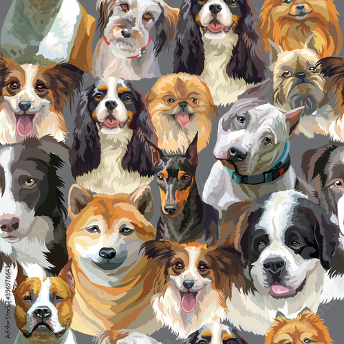 Canvas Print Vector semless pattern colorful realistic dogs heads