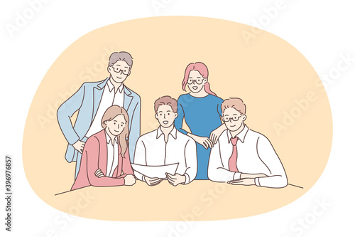 Teamwork, negotiations, business communication concept. Young smiling business people office workers partners cartoon characters sitting in office and discussing corporate project or startup together 
