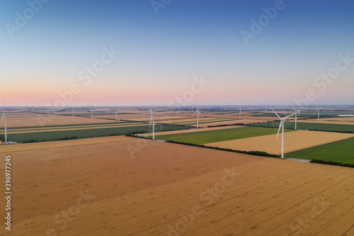 Sunset over the windmills. Wind turbines over fields of wheat and sunflowers