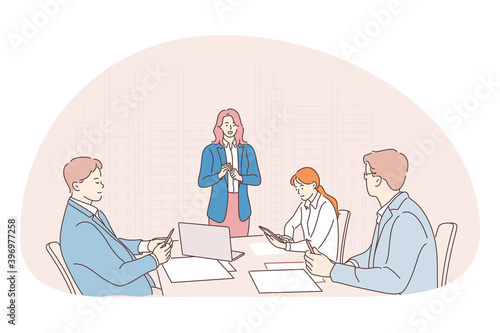 Teamwork, communication, business discussion concept. Business people partners coworkers cartoon characters discussing working projects, having brainstorming, making presentations together