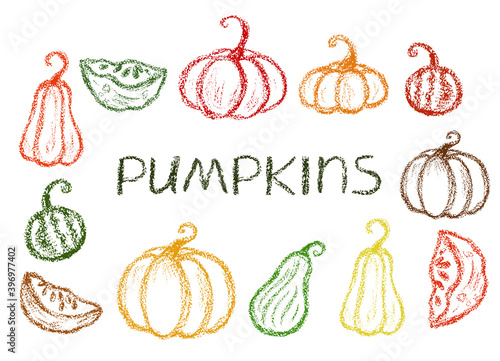 Crayon pumpkins set. Children drawing chalk style pumpkin. Hand drawn wax crayons art on white backdrop. Chalk style isolated pumpkin. Color pastel crayons  freehand drawn vegetable.Chalk line pumpkin