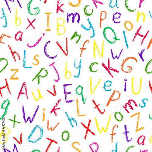 Crayon alphabet pattern. Children drawing style color letters collection. Hand drawn wax crayons font on white background. Isolated chalk style abc. Bright colorful crayon symbols. Chalk styled type. 