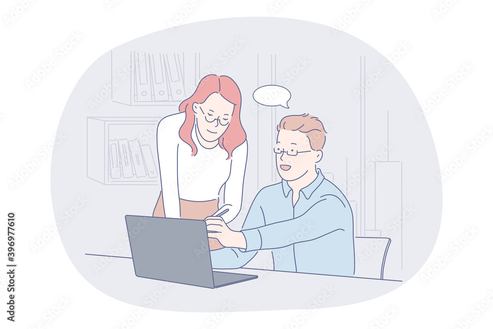 Teamwork, brainstorming, business communication about startup concept. Young man and woman coworkers or partners sitting with laptop in office and communicating about corporate project presentation Teamwork, brainstorming, business communication about startup concept. Young man and woman coworkers or partners sitting with laptop in office and communicating about corporate project presentation