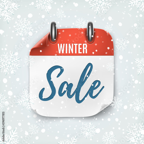 Winter sale. Realistic calendar icon. Background with snow and snowflakes.