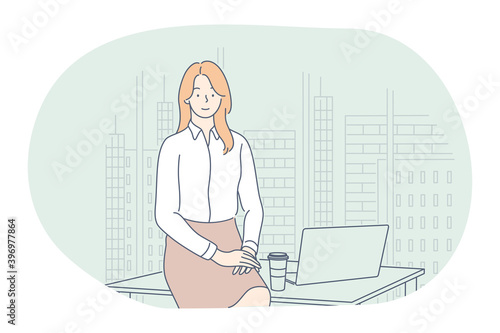 Working in office, modern company interior, online communication concept. Young smiling woman cartoon character sitting on workplace, working on notebook, communicating, thinking about work