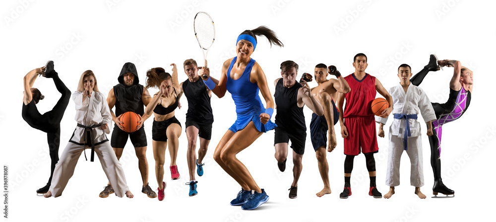 Obraz premium Sport collage. Tennis player, soccer, figure skating, taekwon-do, karate, MMA, basketbal