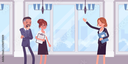 Commercial real estate sale broker, female leasing agent showing property. Woman in negotiations between buyers, sellers, finding suitable home, flat, apartment. Vector flat style cartoon illustration