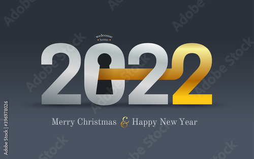 2022 New Year card for real estate company. Happy new year 2022 concept with golden key and door lock. Realty. Welcome home. Vector illustration. Isolated on black background.