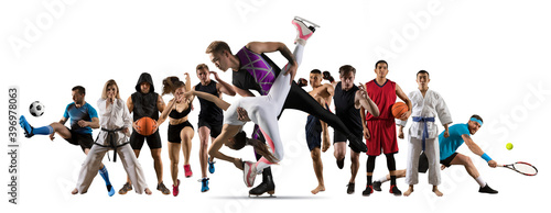 Sport collage. Tennis player, soccer, figure skating, taekwon-do, karate, MMA, basketbal