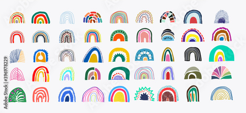 Set of rainbow abstract drawing. Modern hand drawn rainbows in minimalist scandinavian style. Kid sketch. Rainbow in different shapes. Colored contemporary art. Vector isolated on white background.