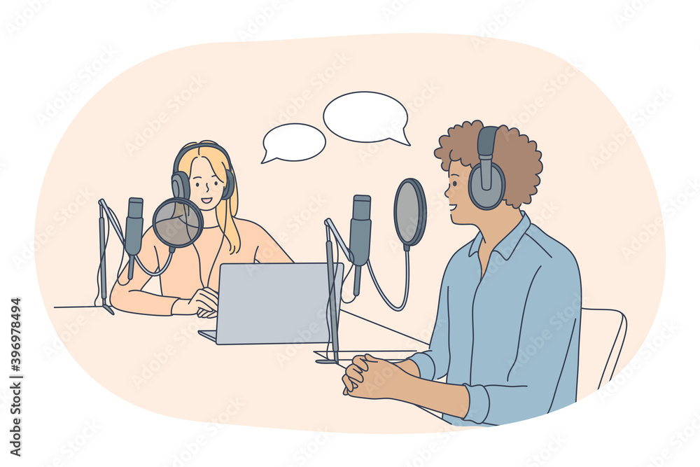 Presenters of morning radio show, professions, job concept. Young smiling man and woman reporters journalists cartoon characters in headphones sitting and recording program in studio. Job specialist Presenters of morning radio show, professions, job concept. Young smiling man and woman reporters journalists cartoon characters in headphones sitting and recording program in studio. Job specialist