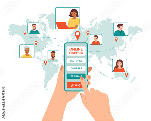 Concept for online education, e-learning, courses, lectures using a smartphone. Communication of students and teachers from all over the world, choice of training program. Isolated vector illustration