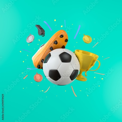 football sports object on blue background. football shoes kick the ball. gold cub and gold medal silver copper. football concept design. sport competition. celebration winner. symbol 3d illustrator