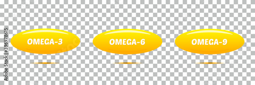 Omega 3, 6, 9 fatty acids realistic vitamin pills, capsules. Vector signs, symbols, icons on transparent backround.