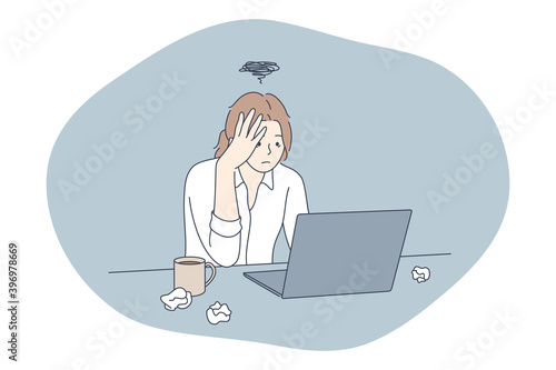 Stress, overwork, overload concept. Unhappy depressed stressed young woman office worker sitting with many notes and laptop and feeling stressed and tired in office. Exhaustion, depression vector