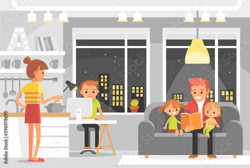 Vector portrait of full big young whole family, all members gather together at home at week end in house interior,in shared living common room space.Family daily activities on everyday domestic life.