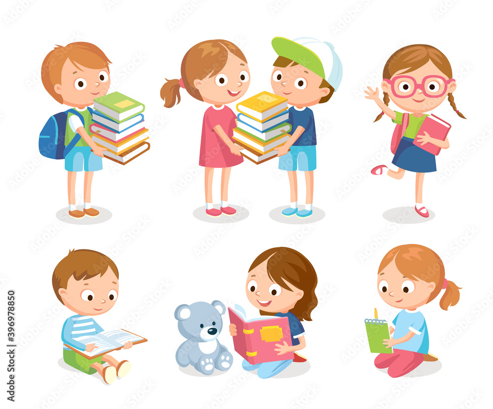 Vector set of cute little children kids girls and boys sitting, standing on the floor and reading books. Boy and girl hold pile of books together.Girl reading to teddy bear.Cartoon characters for book Vector set of cute little children kids girls and boys sitting, standing on the floor and reading books. Boy and girl hold pile of books together.Girl reading to teddy bear.Cartoon characters for book