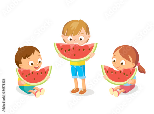 Vector isolated picture of kids children eating large red watermelon. Boy and girl sitting and standing.