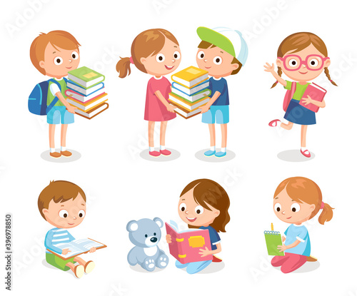 Vector set of cute little children kids girls and boys sitting, standing on the floor and reading books. Boy and girl hold pile of books together.Girl reading to teddy bear.Cartoon characters for book