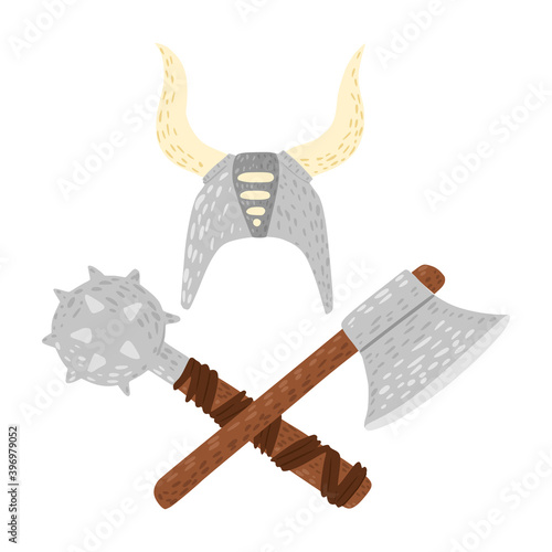 Composition helmet with flail and axe on white background. Cartoon cute in doodle style.