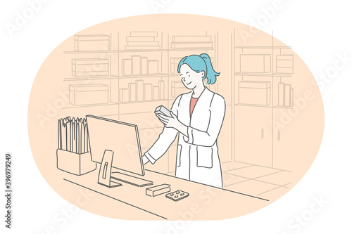 Pharmacy worker, occupation, full time job concept. Young smiling woman professional pharmacist cartoon character checking price of drug in computer on workplace in pharmacy vector illustration 