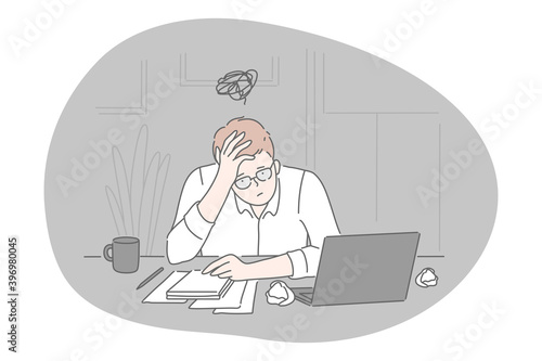 Stress, overwork, overload concept. Unhappy depressed young man office worker sitting with heap of documents and much work and feeling stressed and tired in office. Exhaustion, depression vector