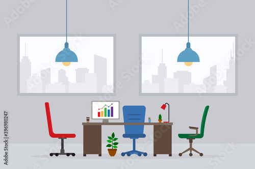 Design of modern empty office working place front view vector illustration. Flat style table, desk, blue chair, computer, desktop, plant, lamp isolated on cityscape background