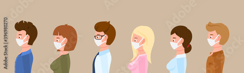 Cartoon character side view portrait man and woman wearing medical masks in line protecting disease, flu vector illustration set. Group of male and female people preventing corona virus infection