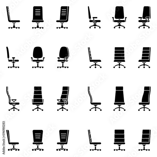 Isolated modern spinning rolling office chair vector illustration icon pictogram set. Front, side view silhouette on white