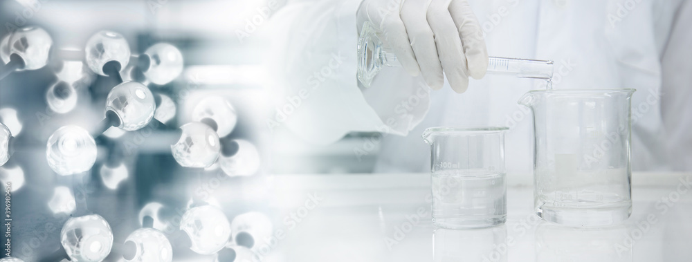 scientist in white coat poring water into glass beaker and chemical molecular structure in science laboratory banner background scientist in white coat poring water into glass beaker and chemical molecular structure in science laboratory banner background