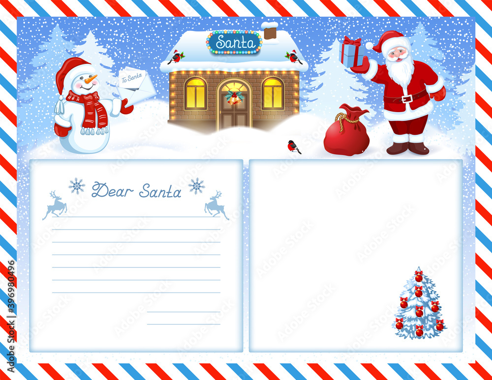 Letter to Santa Claus Template with Wish List and funny Santa Claus and  Snowman with Christmas Envelope against winter forest background with Santa  workshop house Stock Vector | Adobe Stock