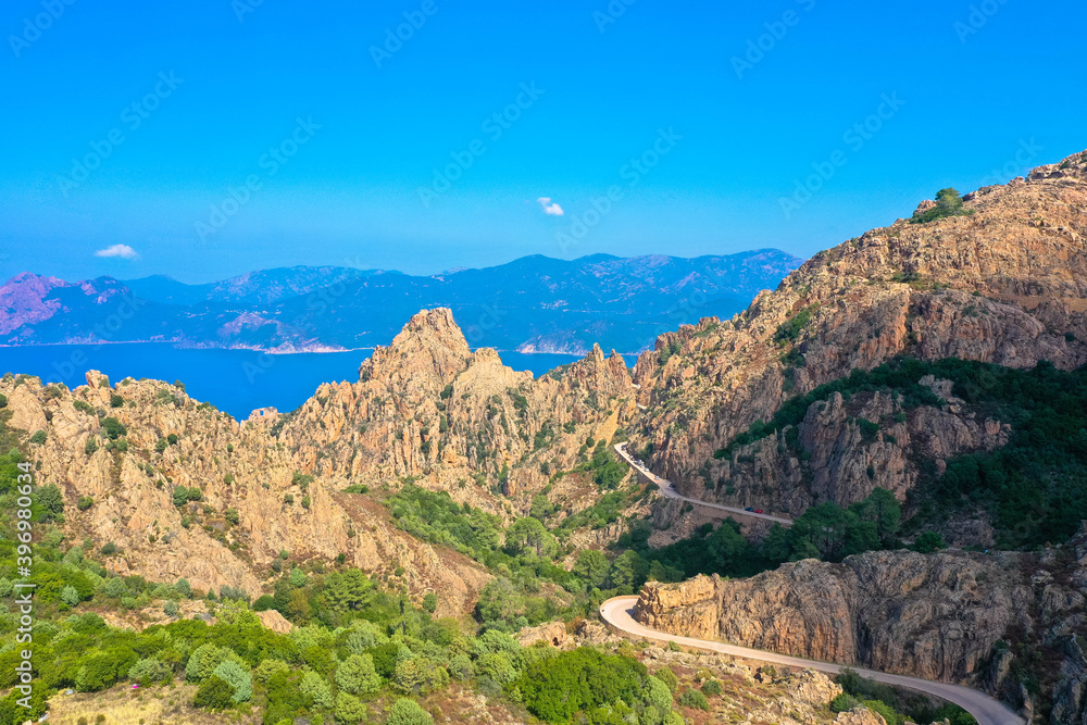 Aerial view from the country road D81 road through the Calanches de Piana on the west coast of Corsica, France.
Tourism and vacation concept