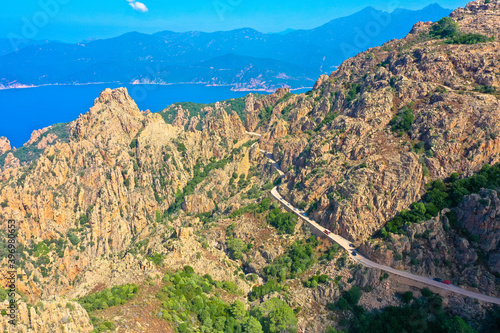 Aerial view from the country road D81 road through the Calanches de Piana on the west coast of Corsica, France. Tourism and vacation concept