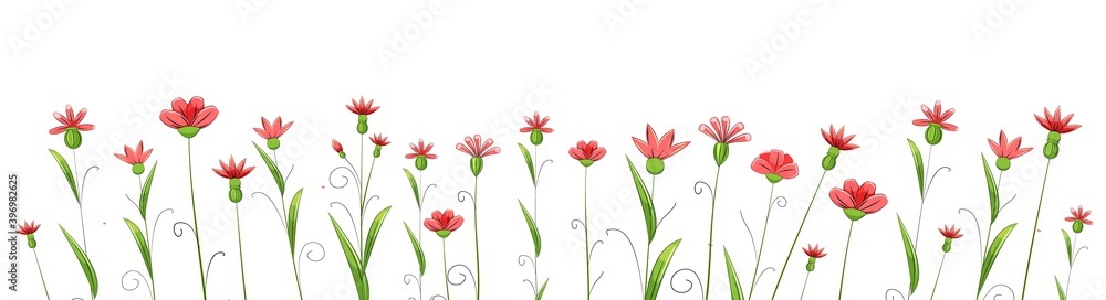 Blooming meadow with grass and flowers. Cartoon just style. Isolated on white background. Romantic fabulous illustration. Vector Blooming meadow with grass and flowers. Cartoon just style. Isolated on white background. Romantic fabulous illustration. Vector