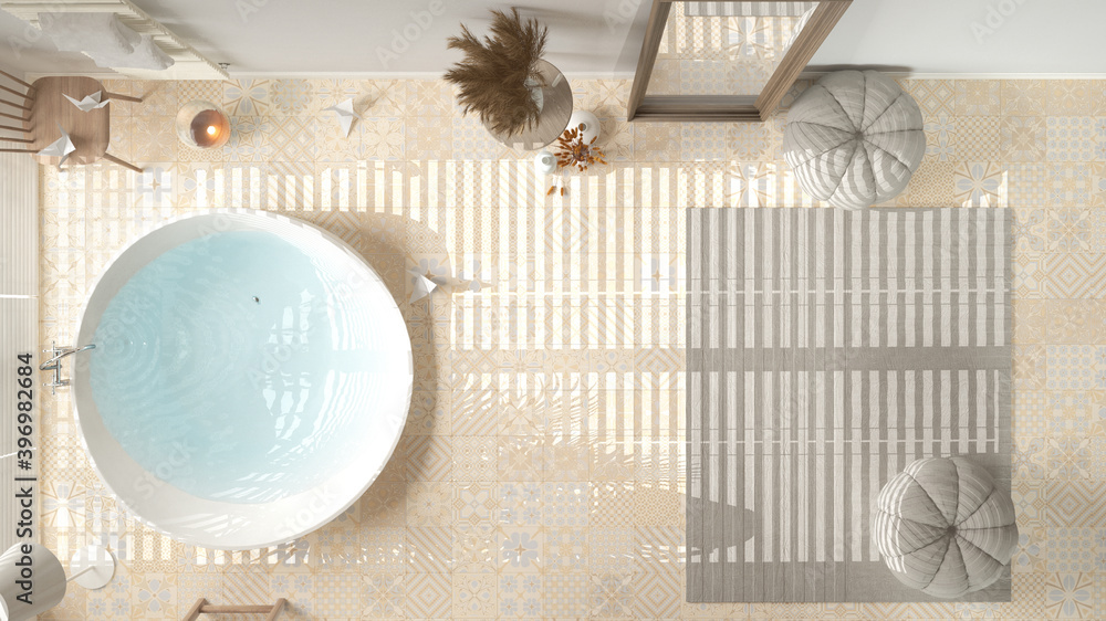 Obraz premium Cosy wooden peaceful bathroom in beige tones, big bathtub, ceramic tiles floor, carpet with sofa, round poufs, mirror, spa, hotel suite, modern interior design, top view, plan, above