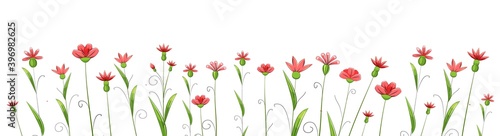 Blooming meadow with grass and flowers. Cartoon just style. Isolated on white background. Romantic fabulous illustration. Vector