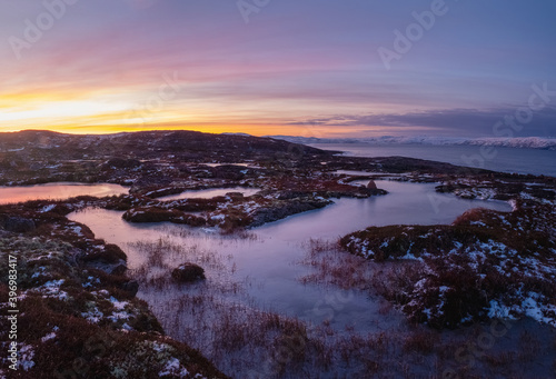 Morning view of a beautiful frozen puddles and mosses on the rocky slope of the mountain close up. Picturesque Arctic landscape in Teriberka. Colorful mountain landscape. The background of nature.