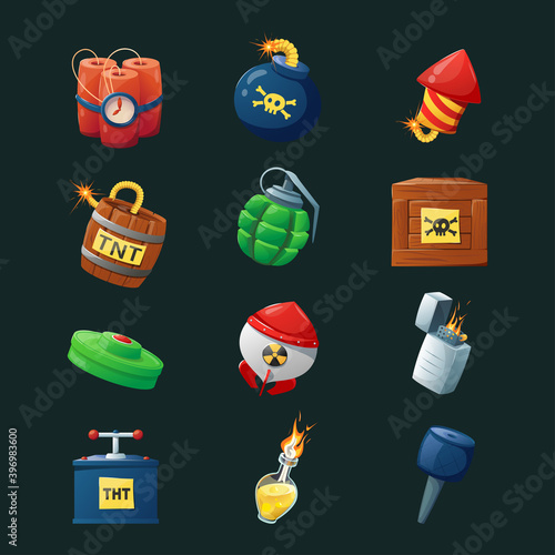 Cartoon collection bombs for the game interface, different weapon for game design.