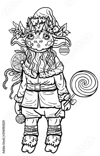 Cartoon isolated character in full growth, fairytale cute baby bull In a new years costume of Santa Claus, with horns, hooves and long ears, in cap with beard, with christmas toys, candy and orange.