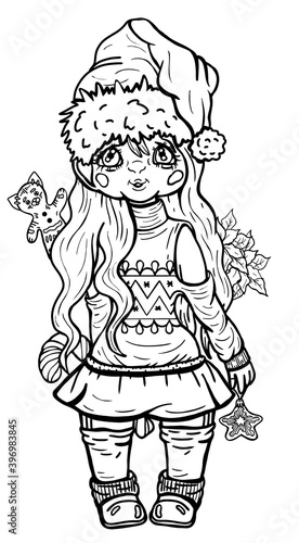 Cartoon isolated  character in full growth, fairytale little christmas girl with long hair and smile, with cap on his head, in dress and high socks, with candy, gingerbread and Christmas toy in hand.