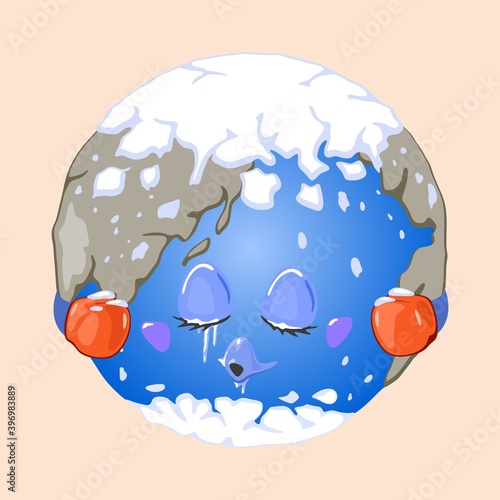 Planet earth covered with snow in red gloves. Vector planet with eyes and mouth sleeping, cold and frozen face. Change of climate design isolated on beige background